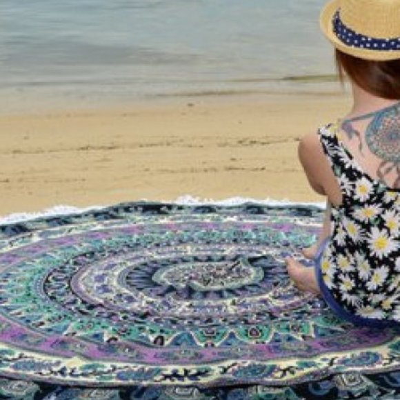 Purple Green Floral Boho Round Beach Blanket Tablecloth Tapestry Decor NEW - Picture 3 of 4